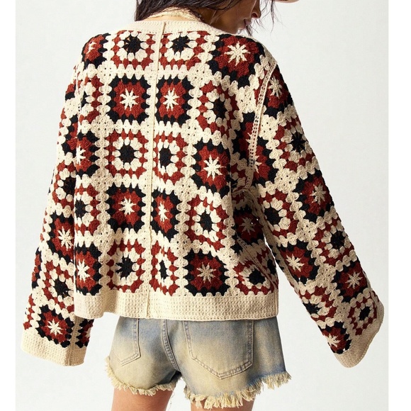 Cozy Crochet Patchwork Button Down Oversized Cardigan - Picture 3 of 7